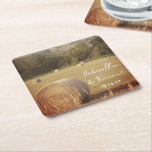 Round Hay Bales Farm Wedding Square Paper Coaster