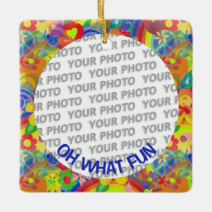 Round in Square Frame flower power 1 + your photo Ceramic Tree Decoration