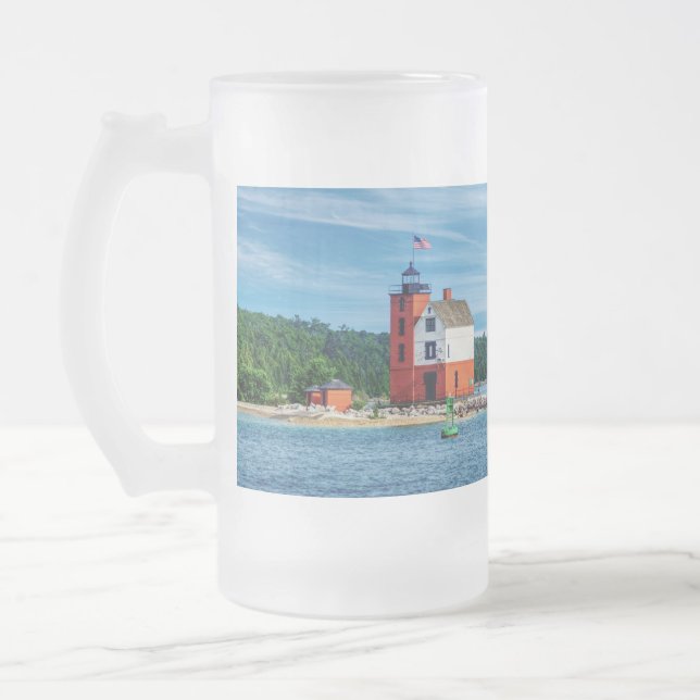Round Island Lighthouse Frosted Glass Beer Mug (Left)