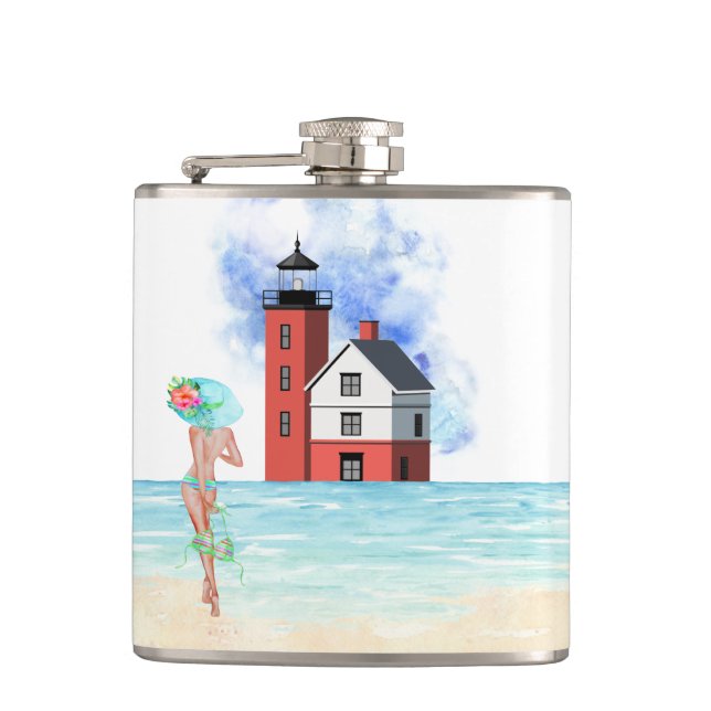Round Island Lighthouse Vinyl Wrapped Flask (Front)