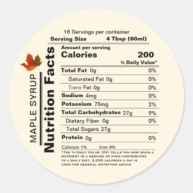 Round Ivory Maple Syrup Nutrition Facts with Leaf  Classic Round Sticker (Front)