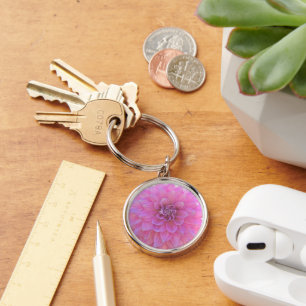 ROUND KEYCHAIN, "PINK DAHLIA" (CLOSE-UP SHOT) KEY RING