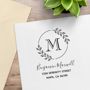 Round Leaves Wreath Monogram Address Rubber Stamp