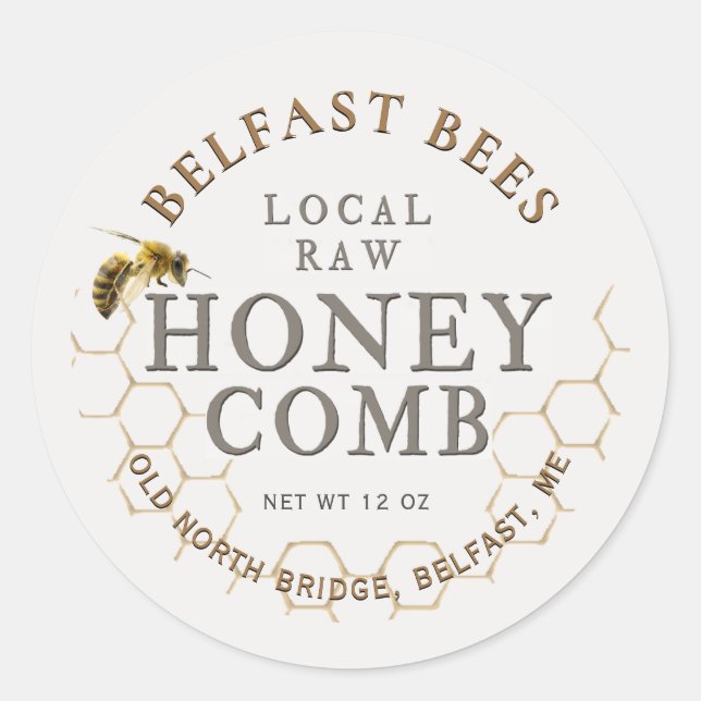 Round Local Honeycomb with Realistic Bee Label (Front)