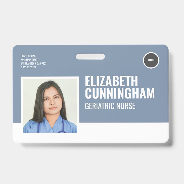 Round Logo Nurse Photo Name Barcode Horizontal ID Badge (Front)