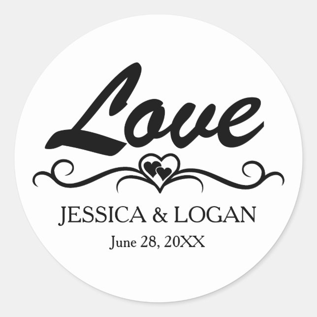 Round Love Sticker with Bride and Groom Names (Front)