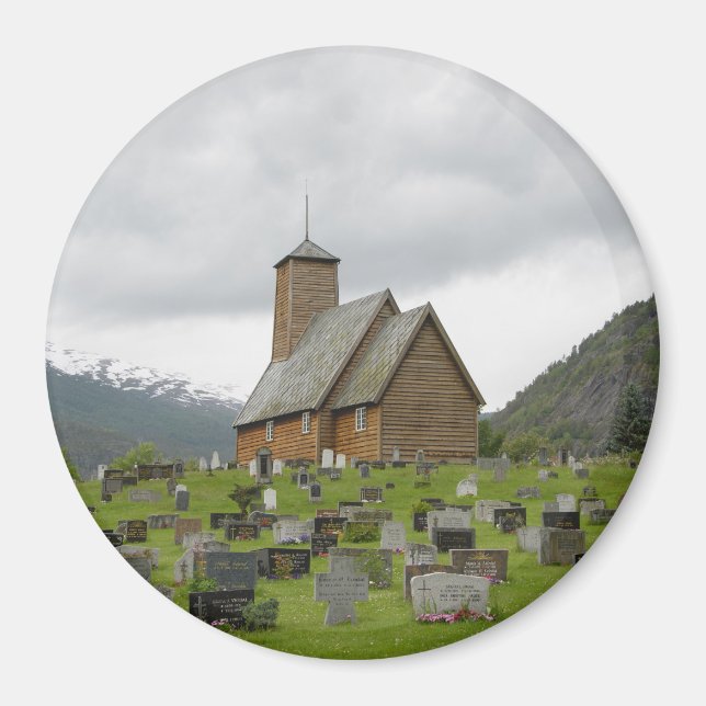 Round magnet stave church with graveyard in Norway (Front)