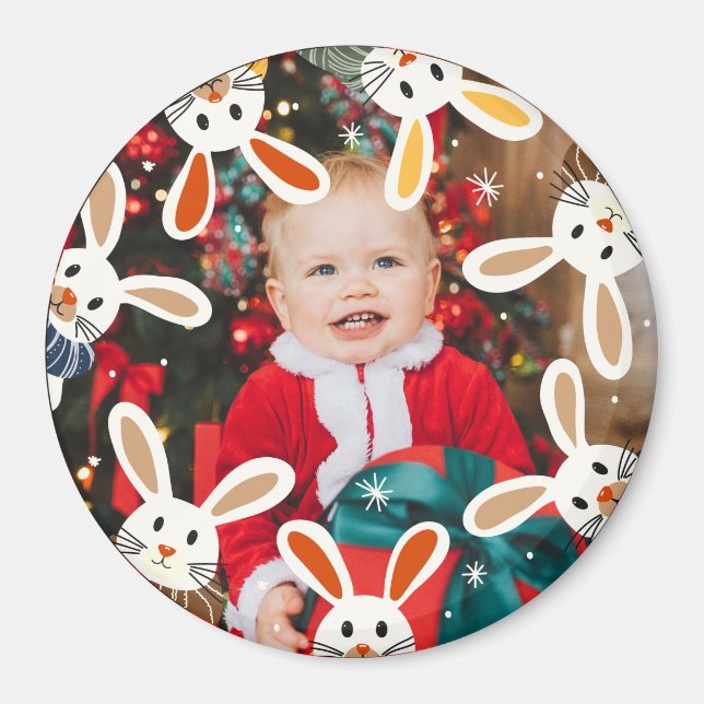 Round Magnet with bunnies and photo.  (Front)
