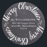 Round Merry Christmas Chalkboard Address Label<br><div class="desc">Add this round address label to the back of your Christmas card mailing and it will double as an envelope seal. The black chalkboard background will look great on any colour envelope. Merry Christmas is written in a bright white script font. Your family name and address are written on the...</div>