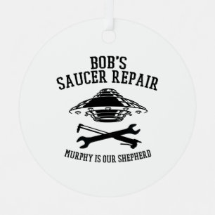 round metal ornament with BSR black logo