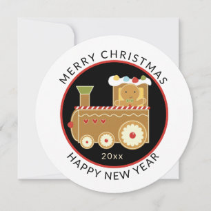 Round, Minimal Christmas Gingerbread Train Holiday Card