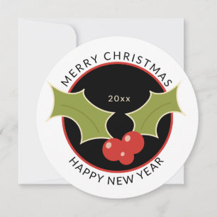 Round, Minimal Christmas Holly & Berries Holiday Card