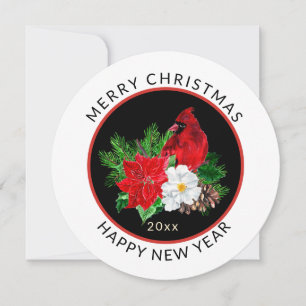 Round, Minimal Christmas Red Cardinal Holiday Card