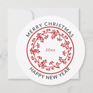 Round, Minimal Red Berry Wreath Christmas Holiday Card