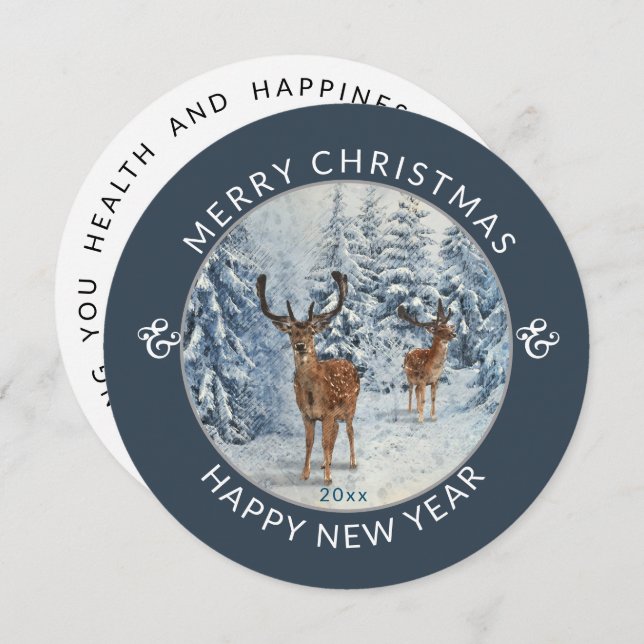 Round  Modern |  Winter Forest w/Deer | Christmas  Holiday Card (Front/Back)