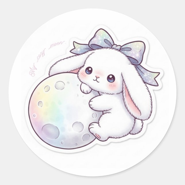 Round Moon Bunny - Dreamy Pastel Orbit Kawaii Art Classic Round Sticker (Front)