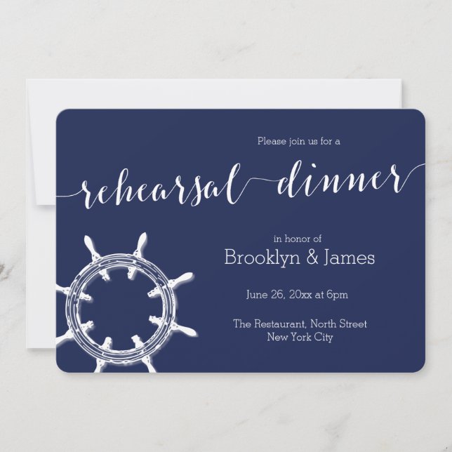 Round Nautical Navy Blue Wedding Rehearsal Invites (Front)