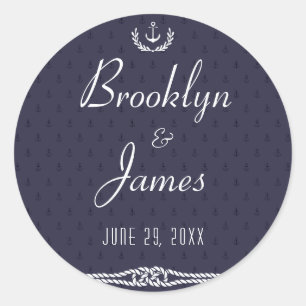 Round Nautical Wedding Stickers With Blue Anchors