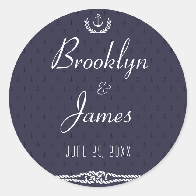 Round Nautical Wedding Stickers With Blue Anchors (Front)