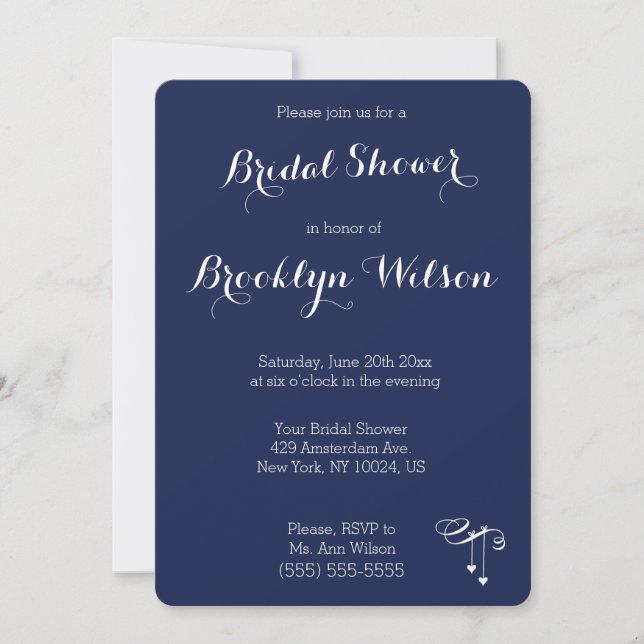 Round Navy Blue Bridal Shower Invites With Hearts (Front)