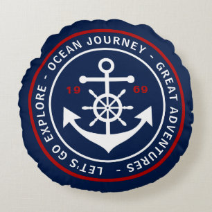 Round Navy Blue Nautical Pillow with Anchor Label