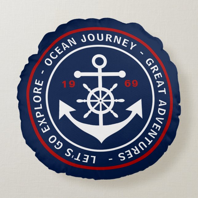 Round Navy Blue Nautical Pillow with Anchor Label (Front)