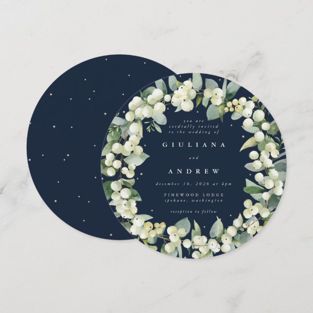 Round Navy Snowberry+Eucalyptus Wreath Wedding Invitation (Front/Back)