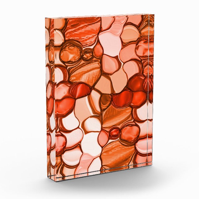 Round neven shapes like seeds, coral tones and red photo block (Left)