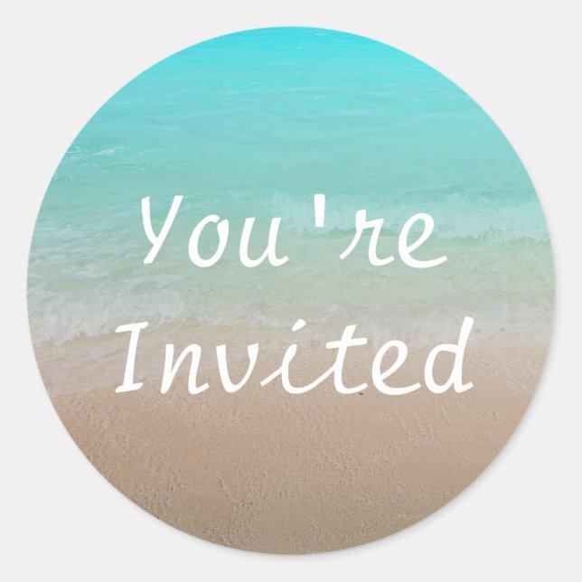 Round Ocean and Beach You're Invited Sticker (Front)