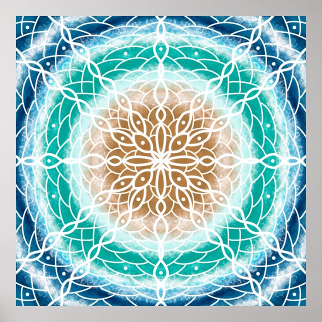 Round Ocean Waves Mandala Teal and Turquoise   Poster (Front)