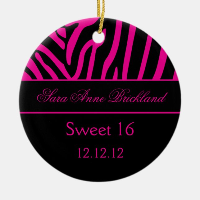 Round Ornament Hot Pink Black Zebra Sweet 16 (Front)