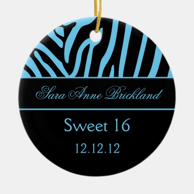 Round Ornament Light Blue Black Zebra Sweet 16 (Front)