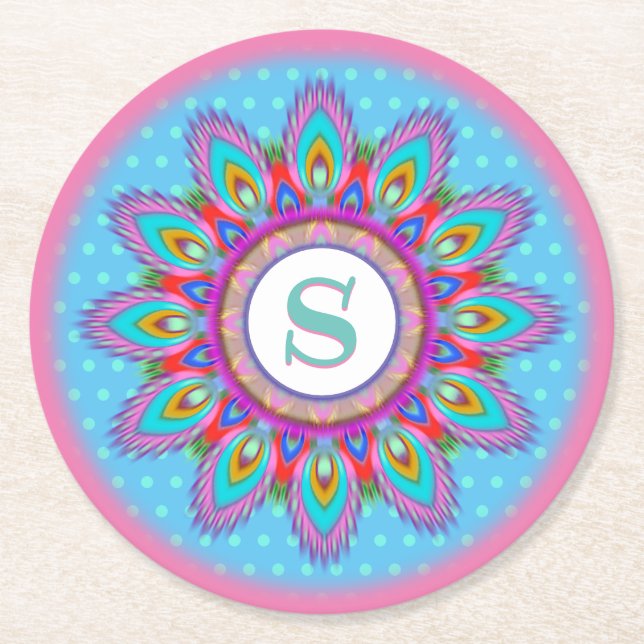 Round paper coaster psychedelic custom initials (Front)