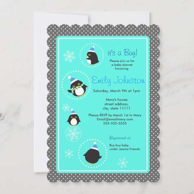 Round penguins boy baby shower 5 x 7 invitation (Front)