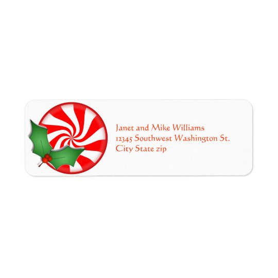 Round Peppermint Candy Holly Sprig Personalised Return Address Label