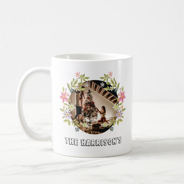 Round Photo Beautiful Flowers Crown w/ Family Name Coffee Mug (Left)