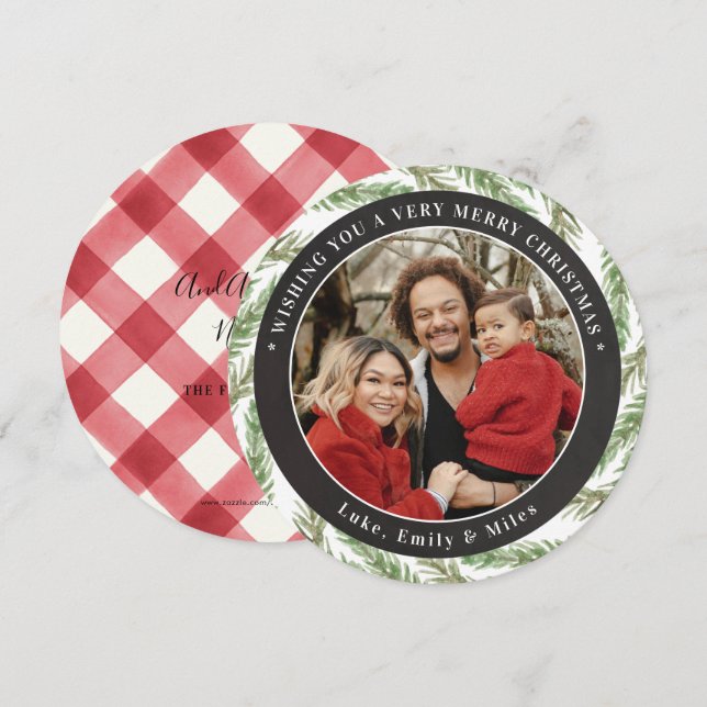 Round Photo Holiday Card with Festive Greenery (Front/Back)