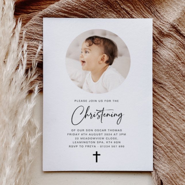 Round Photo Minimalist Christening Invitation (Creator Uploaded)