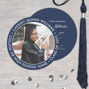 Round Photo Navy and White Graduation Invitation