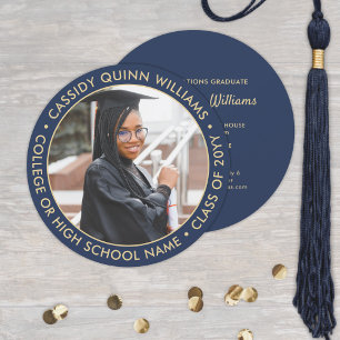 Round Photo Navy Blue & Gold Graduation Invitation