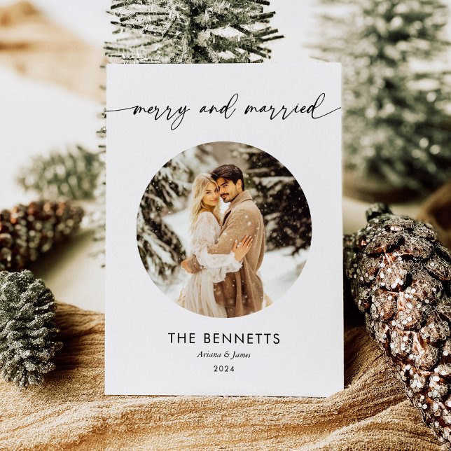 Round Photo Newlyweds Merry & Married Christmas Holiday Card (Creator Uploaded)