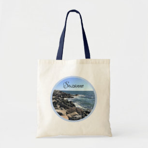 Round Photo of Atlantic Ocean Rocky Shoreline Sea Tote Bag
