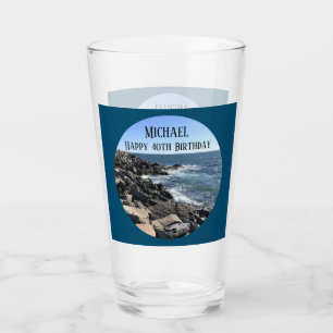 Round Photo of Ocean Shore Blue Sea 40 Birthday Glass