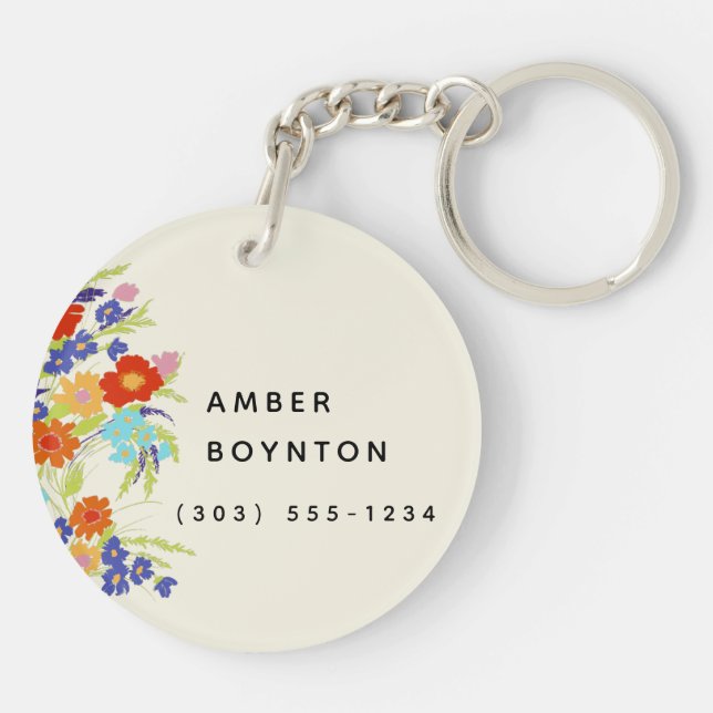 Round Photo Pretty Wildflower Frame with Text Key Ring (Back)