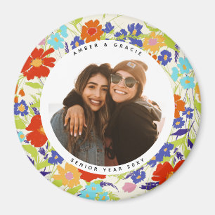 Round Photo Pretty Wildflower Frame with Text Magn Magnet