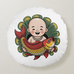 Round Pillow Cute Boy with Lucky Koi