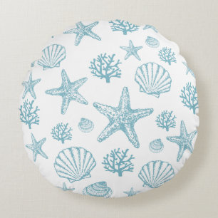 Round Pillow Teal Seashell Starfish Beachy Pattern