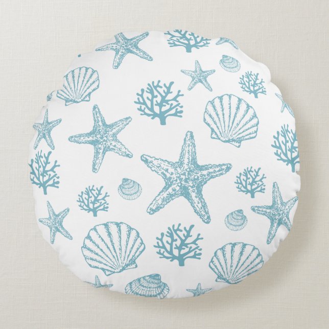 Round Pillow Teal Seashell Starfish Beachy Pattern (Front)