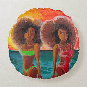 Round Pillow unique painting of two beach Girls