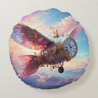 Round pillow with fantastical wing with clock face